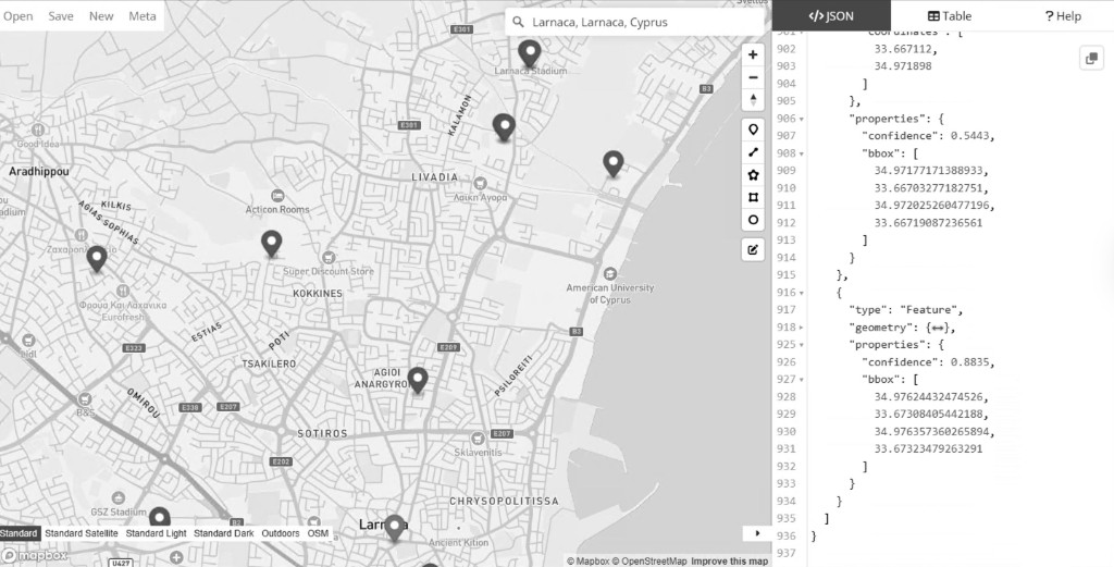 Screenshot of a web map centered on Larnaca, Cyprus, with pins for detected tennis courts. Side panel shows GeoJSON features with confidence values and bounding box coordinates. Map style selector and Mapbox attribution visible.